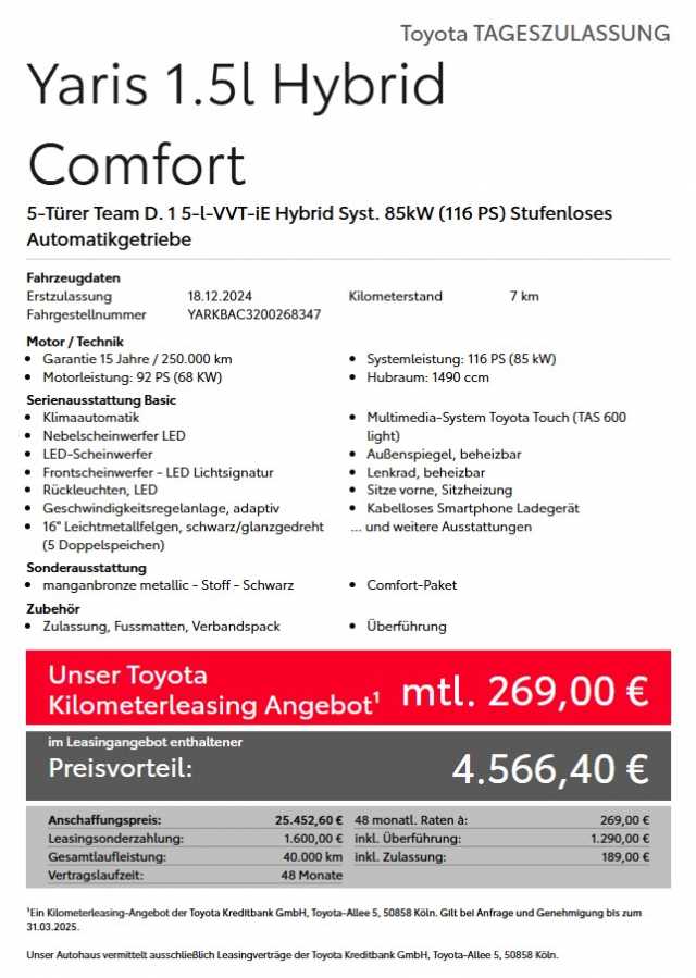 Toyota Yaris Hybrid 5-Türer 116 1.5 VVT-i Team D*Comfort-Paket*