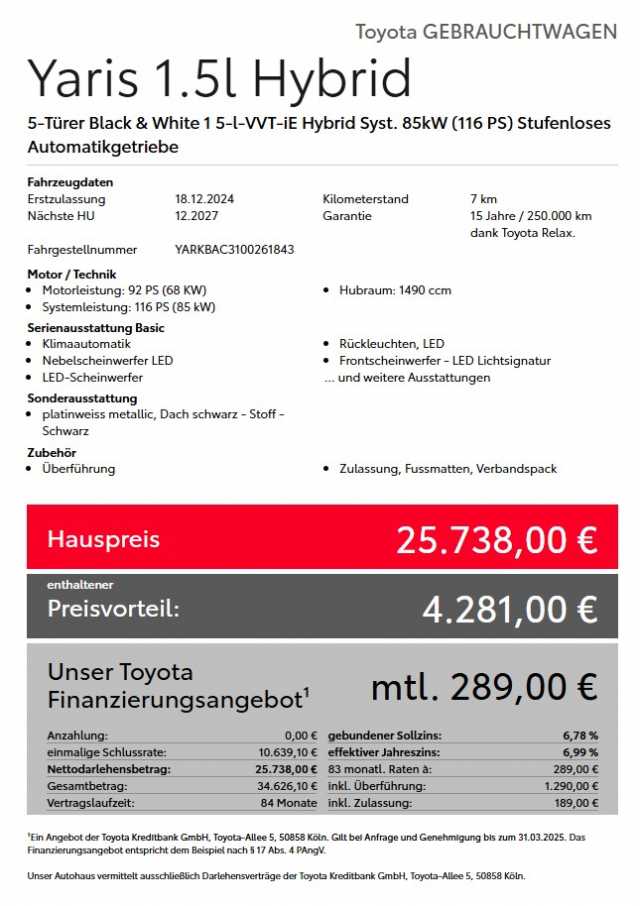 Toyota Yaris Hybrid 5-Türer 116 1.5 VVT-i Black&White